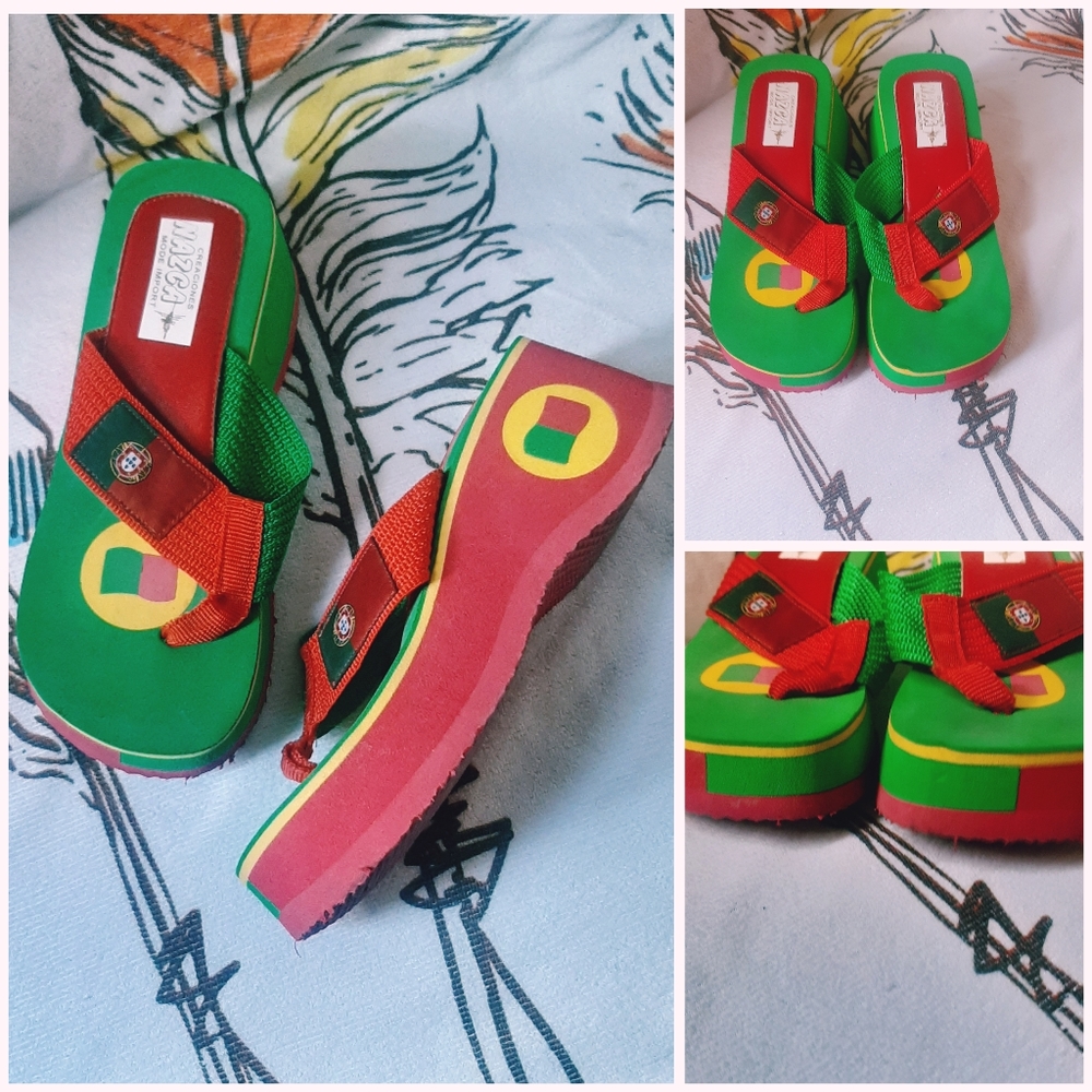 Vintage Platform Color Block Red Green Flip Flops